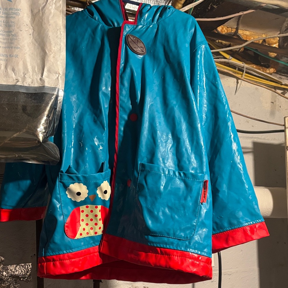 Skip Hop Blue and Red Kids Raincoat with Owl Pocket